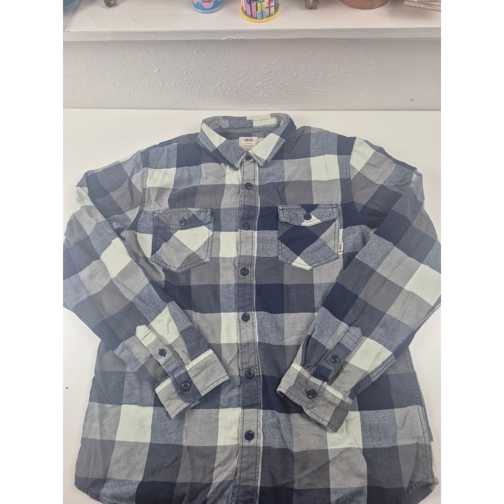 Vans Mens Large Flannel Shirt Blue Grey Plaid Long Sleeve Button Down Holiday 15